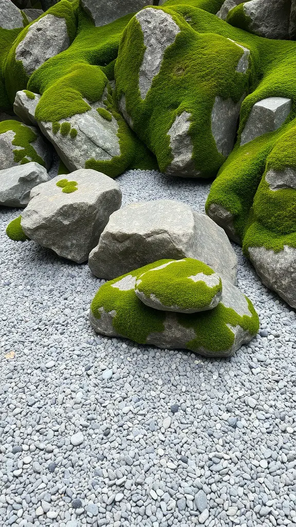 A Zen rock garden featuring moss-covered rocks and smooth gravel.