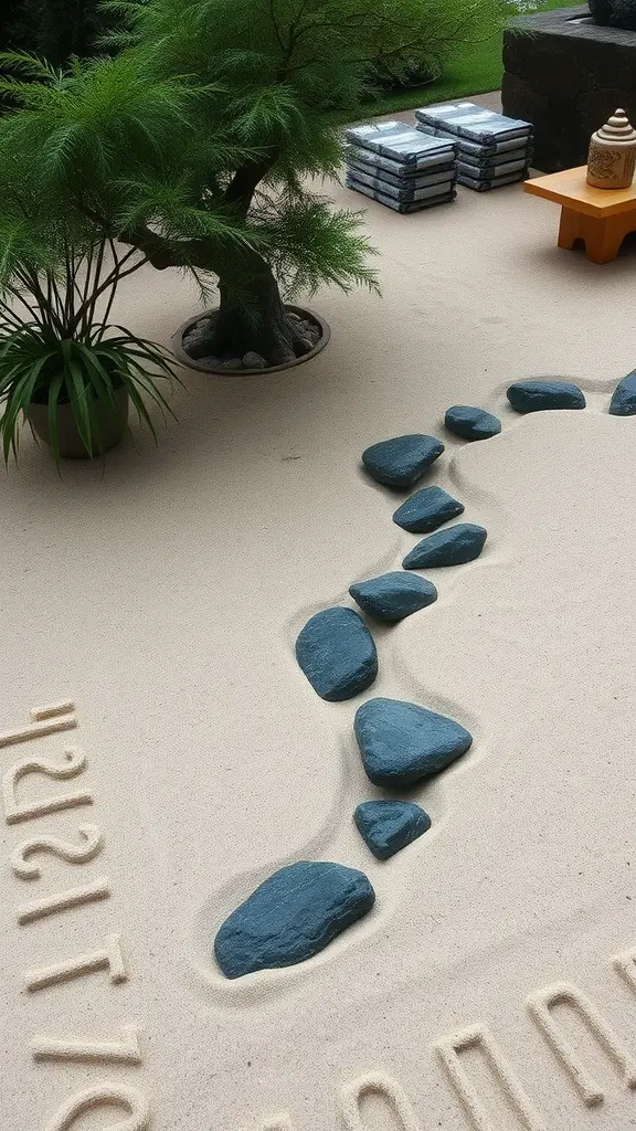A Zen sand and water garden featuring smooth sand, dark stones, and a green plant.