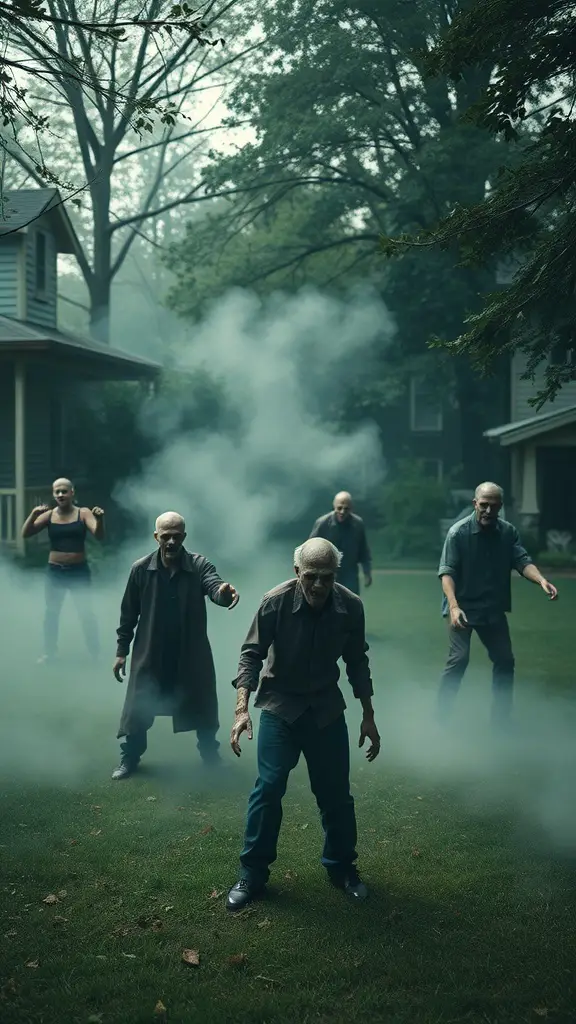 A group of zombies in a foggy yard, creating a spooky Halloween scene.