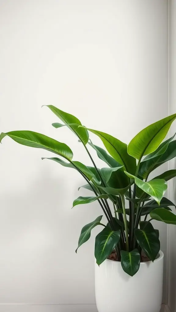 21 Stunning Bathroom Plants for a Fresh and Lively Space 6 A ZZ plant with glossy green leaves in a white pot, positioned against a light wall.