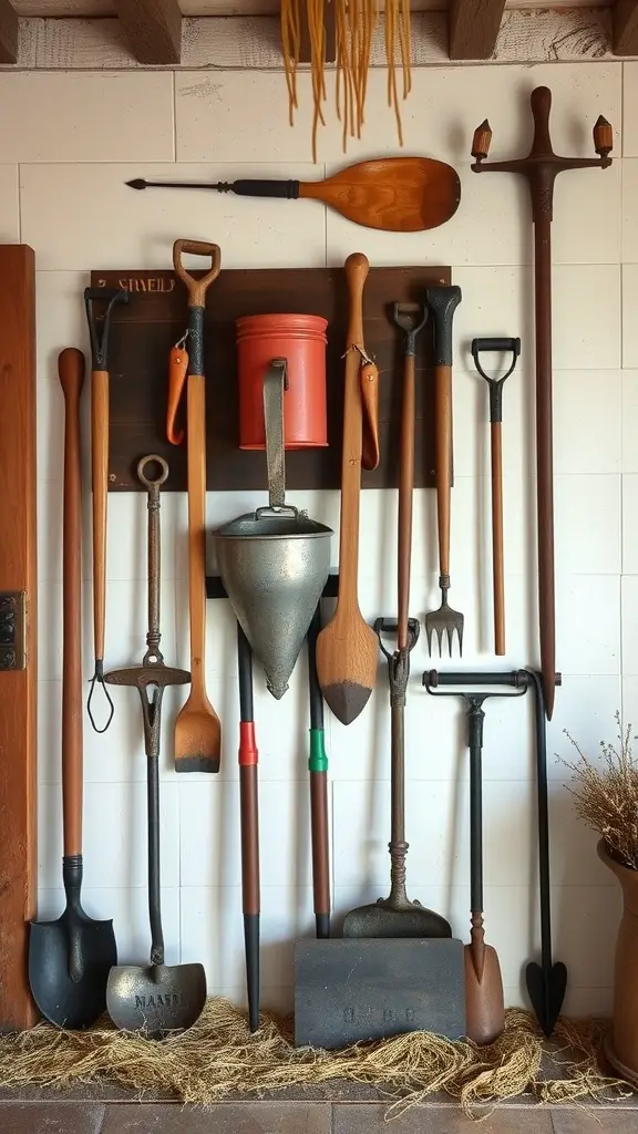 A collection of antique farm tools displayed on a wall, showcasing their rustic charm.