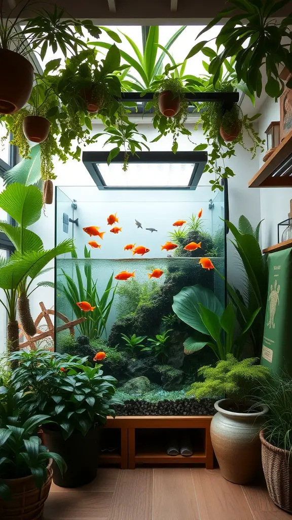 19+ Inspiring Garden Room Ideas for Your Outdoor Retreat 17 A beautifully arranged aquarium surrounded by lush plants in a garden room.
