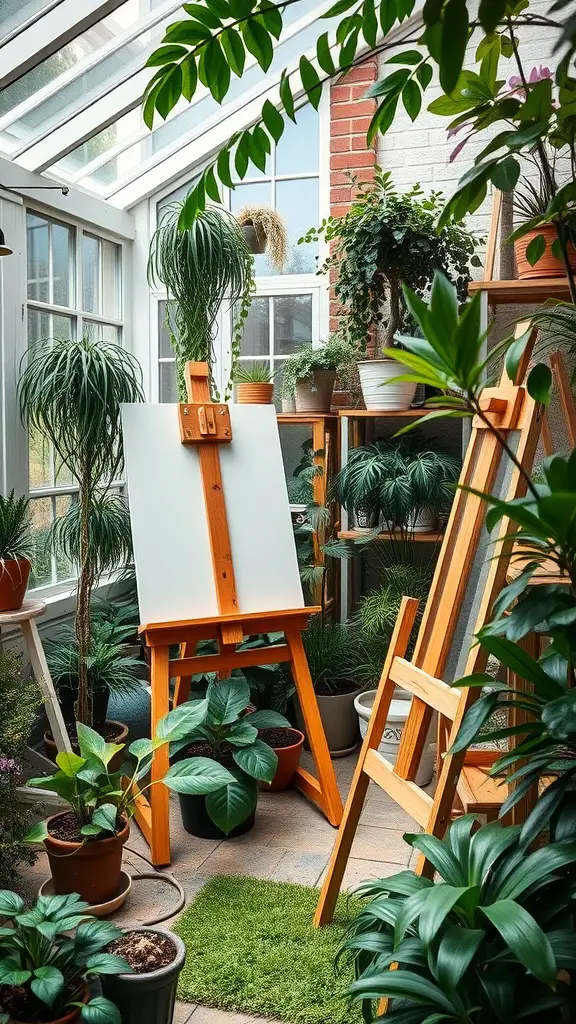 19+ Inspiring Garden Room Ideas for Your Outdoor Retreat 5 A cozy art studio filled with greenery, featuring wooden easels and a blank canvas.