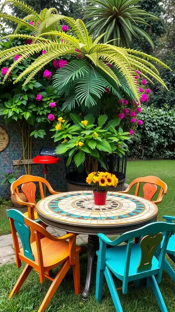 A colorful mosaic table with vibrant chairs surrounded by lush greenery and flowers in a garden.
