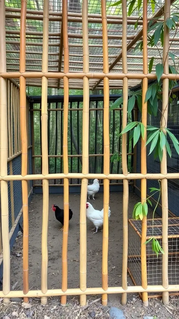 Bamboo fencing surrounding a chicken coop with chickens inside