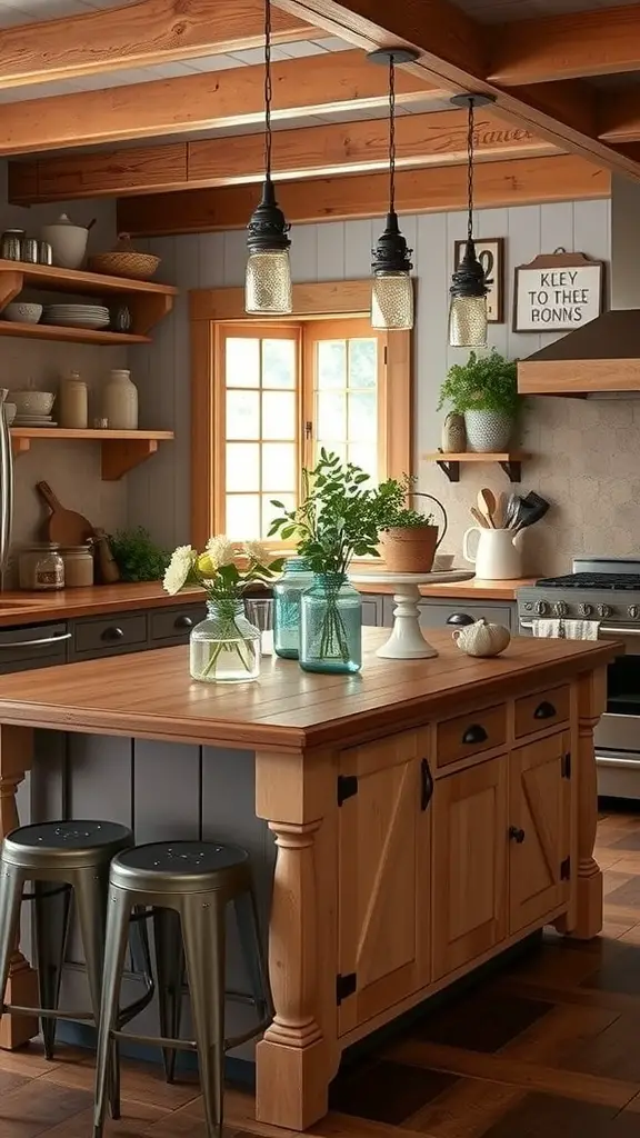 Rustic farmhouse kitchen island with wooden surface, metal stools, and decorative accents like plants and glass jars.