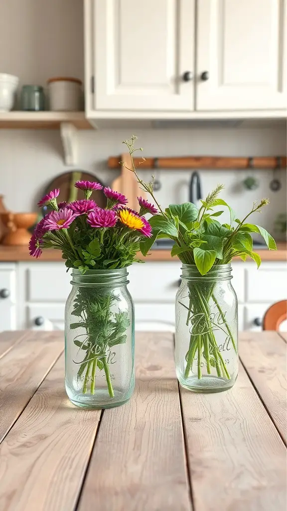 Two mason jars on a wooden table, one filled with flowers and the other with greenery.