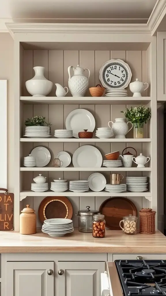 A chic farmhouse shelving unit displaying white dishware, vases, and decorative items in a cozy kitchen.
