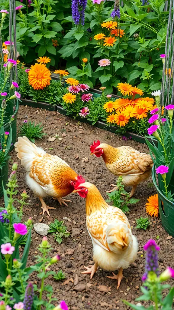 Three chickens exploring a colorful flower bed filled with various flowers.