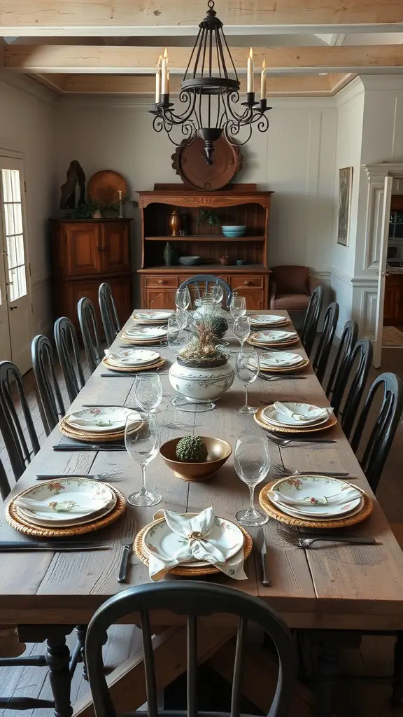 A beautifully set classic farmhouse table with floral dinnerware and a chandelier above.