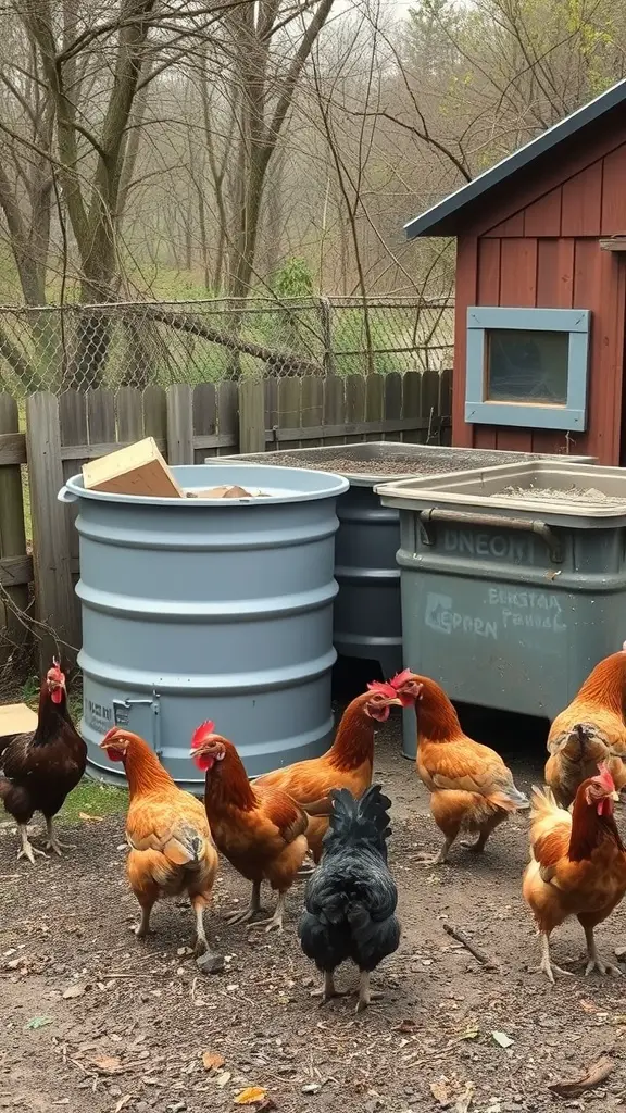 Chickens near compost bins and a chicken coop