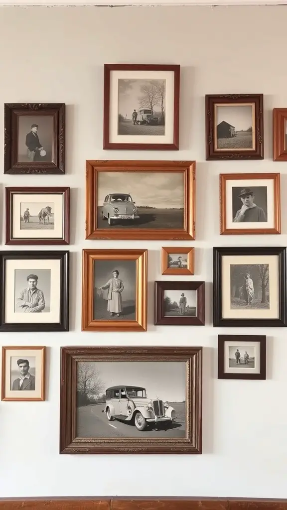 A collection of vintage black-and-white photographs in various frames on a wall.