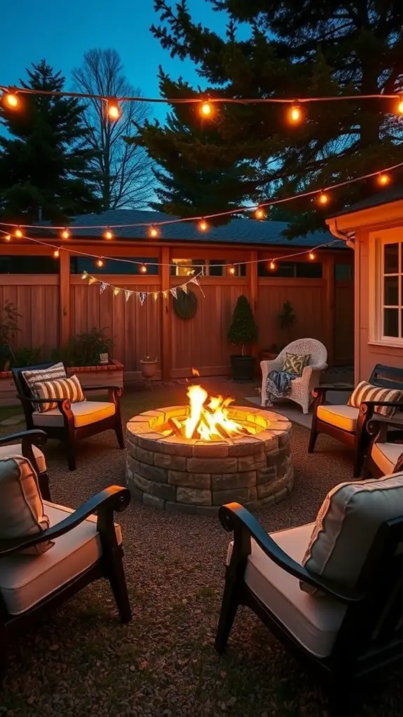 21+ Renter-Friendly Backyard Ideas for a Cozy Outdoor Space 4 A cozy fire pit seating area with stone fire pit, comfortable chairs, and string lights.