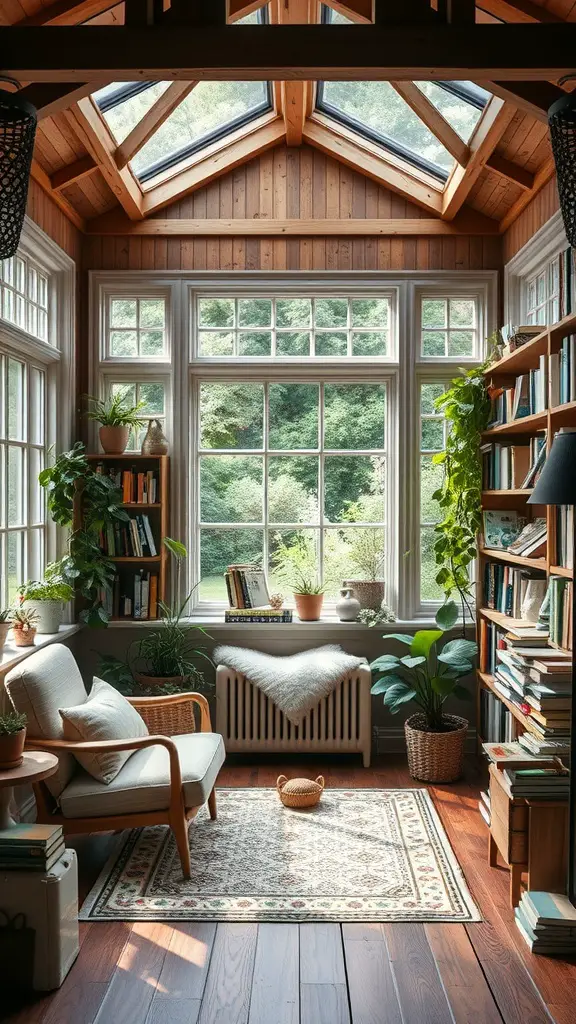 19+ Inspiring Garden Room Ideas for Your Outdoor Retreat 9 A cozy reading nook with large windows, wooden beams, a comfortable chair, and bookshelves filled with plants and books.