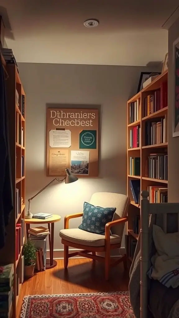 17 Stylish Small Dorm Room Ideas for Limited Spaces 3 A cozy reading nook in a small dorm room with bookshelves, a chair, and warm lighting.