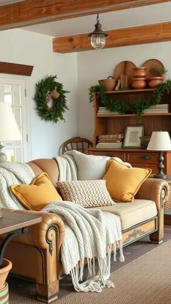 Cozy country farmhouse living room with a warm color palette and inviting textures.