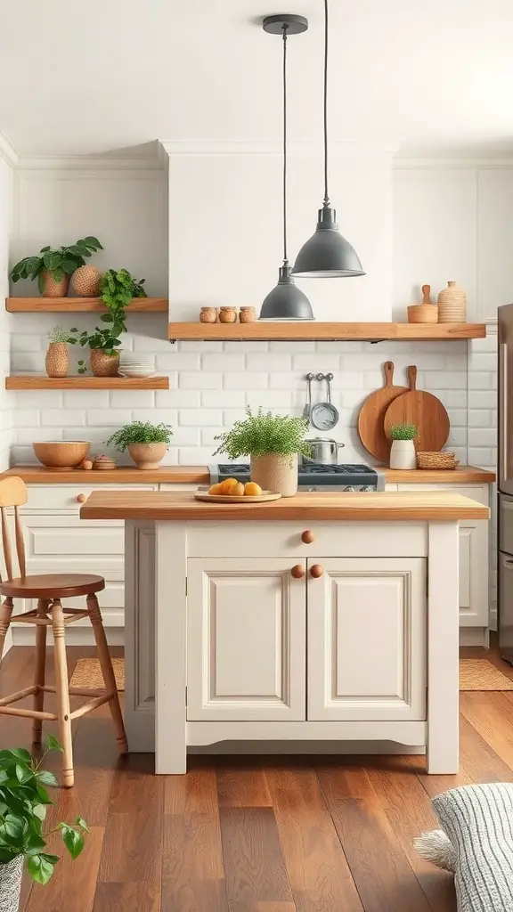 A rustic farmhouse kitchen featuring a cream-colored island, wooden countertop, green plants, and gray pendant lights.