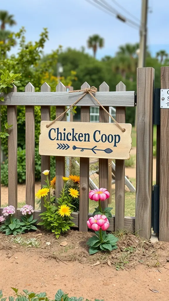 A decorative sign reading 'Chicken Coop' hanging on a wooden fence, surrounded by colorful flowers.