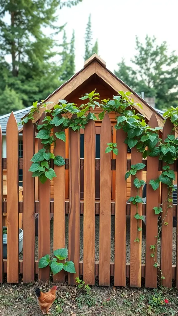 A wooden decorative fence with climbing plants, surrounding a chicken coop.