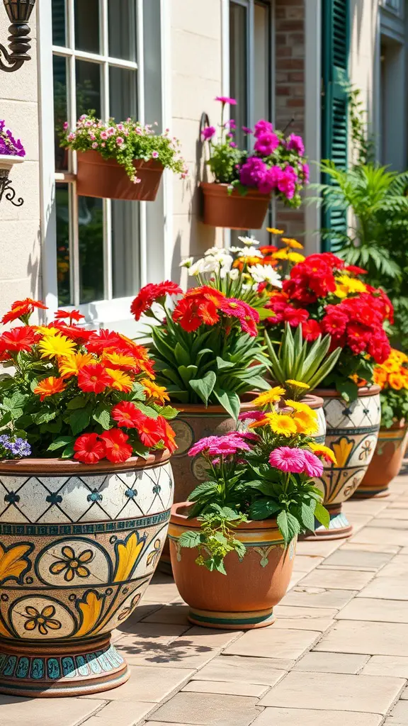 Colorful mosaic planters filled with vibrant flowers