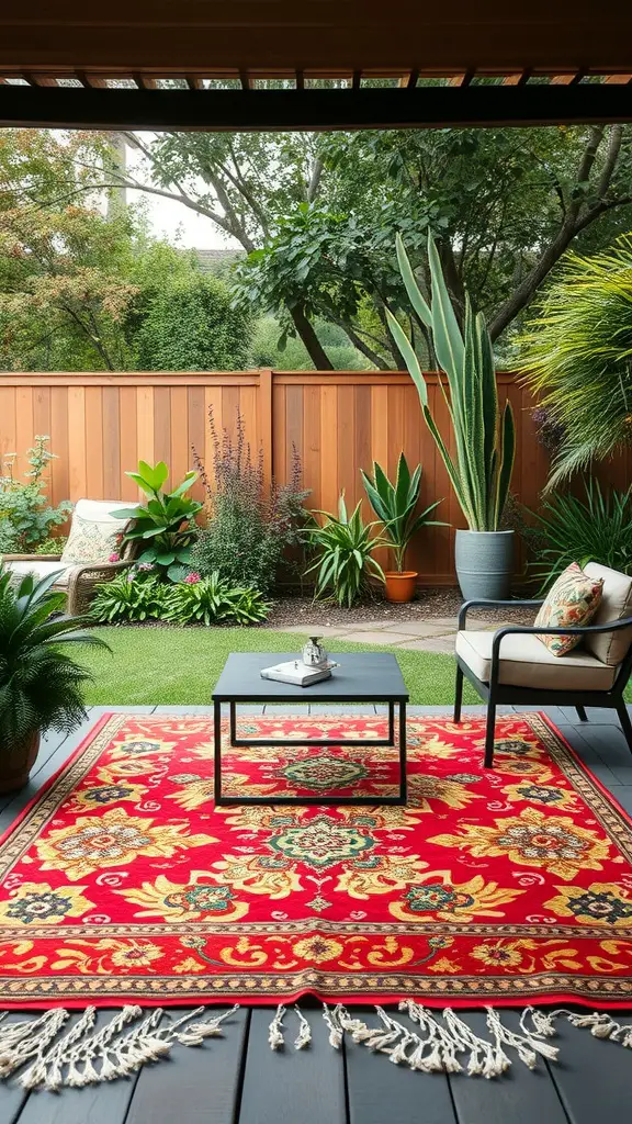 21+ Renter-Friendly Backyard Ideas for a Cozy Outdoor Space 6 A vibrant red decorative outdoor rug on a patio with plants and seating.