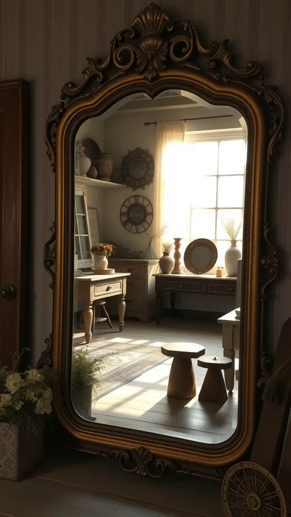 A decorative vintage mirror with an ornate golden frame reflecting a cozy farmhouse interior.