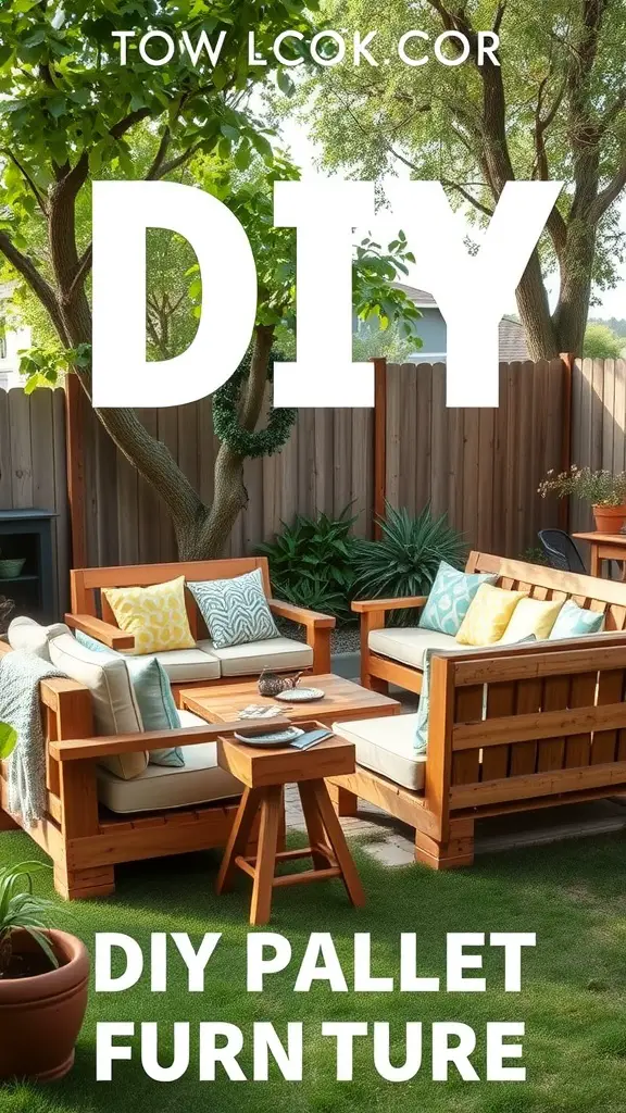 21+ Renter-Friendly Backyard Ideas for a Cozy Outdoor Space 8 Cozy backyard setup with DIY pallet furniture, featuring colorful cushions and a small table.