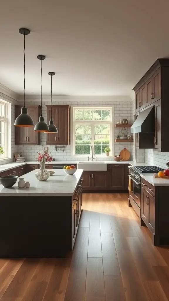 A rustic farmhouse kitchen featuring two islands, warm wood cabinetry, and white marble countertops.