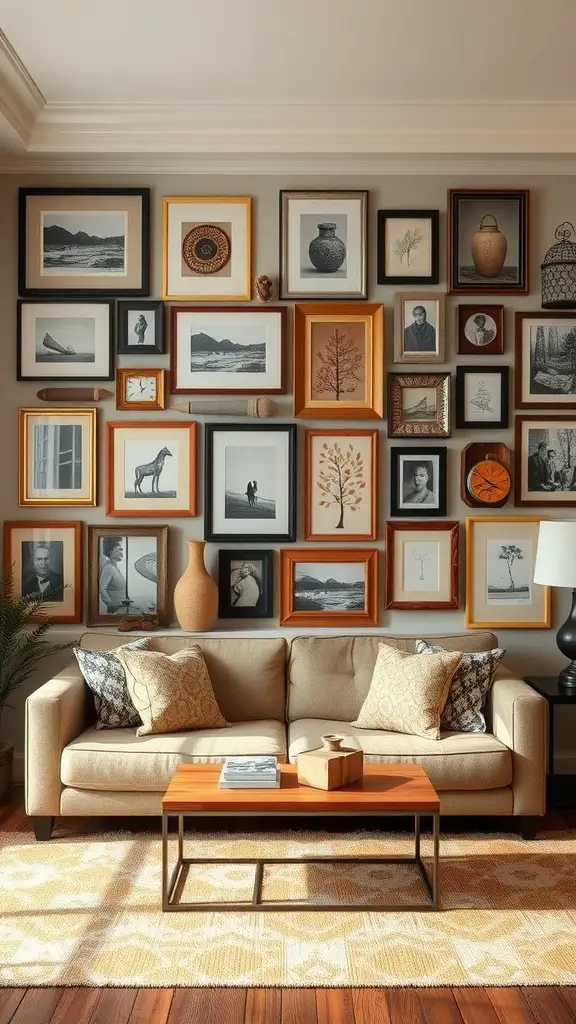A cozy farmhouse living room featuring an eclectic gallery wall filled with various framed artworks and photographs.