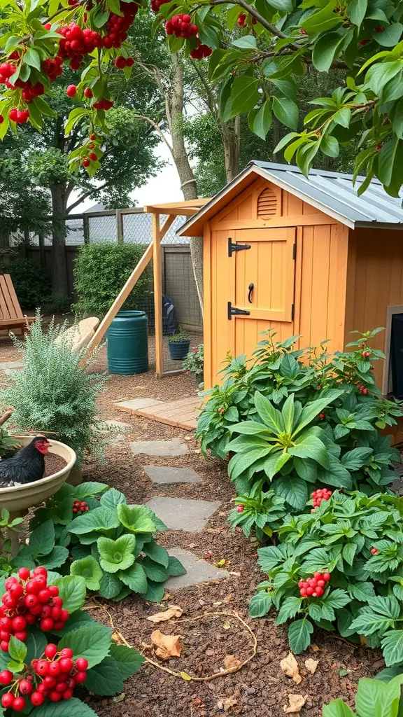 A colorful chicken coop surrounded by lush plants and red berries.