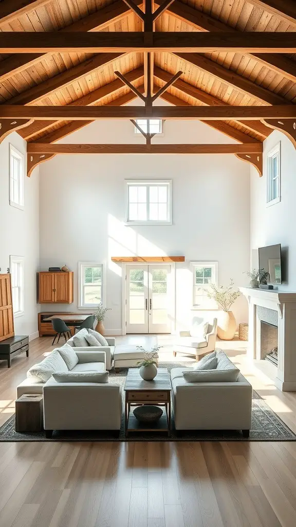 A spacious country farmhouse living room featuring exposed wooden beams and high ceilings, with cozy furniture and natural light.