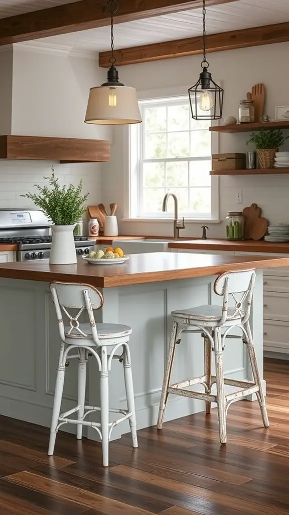 A rustic farmhouse kitchen with a blue island and two white bar stools, featuring warm wooden accents and pendant lighting.