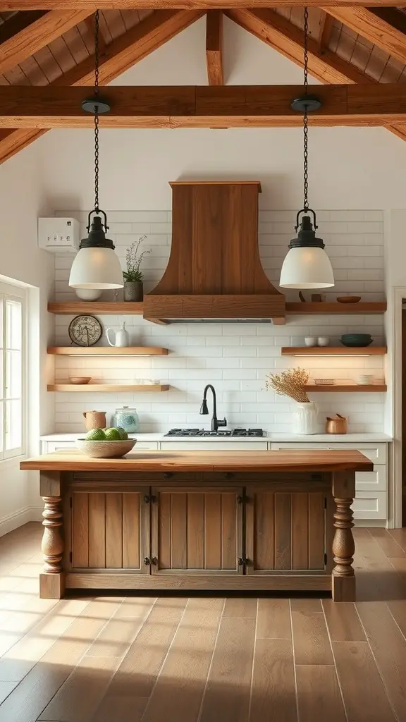 Rustic farmhouse kitchen with wooden island and pendant lighting