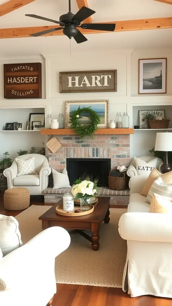 A cozy farmhouse living room featuring light-colored sofas, a wooden coffee table, and rustic wall decor.