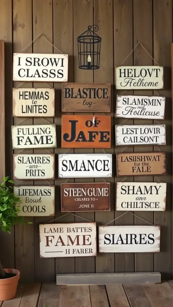 A collection of vintage farmhouse signs with various phrases displayed on a wooden wall.