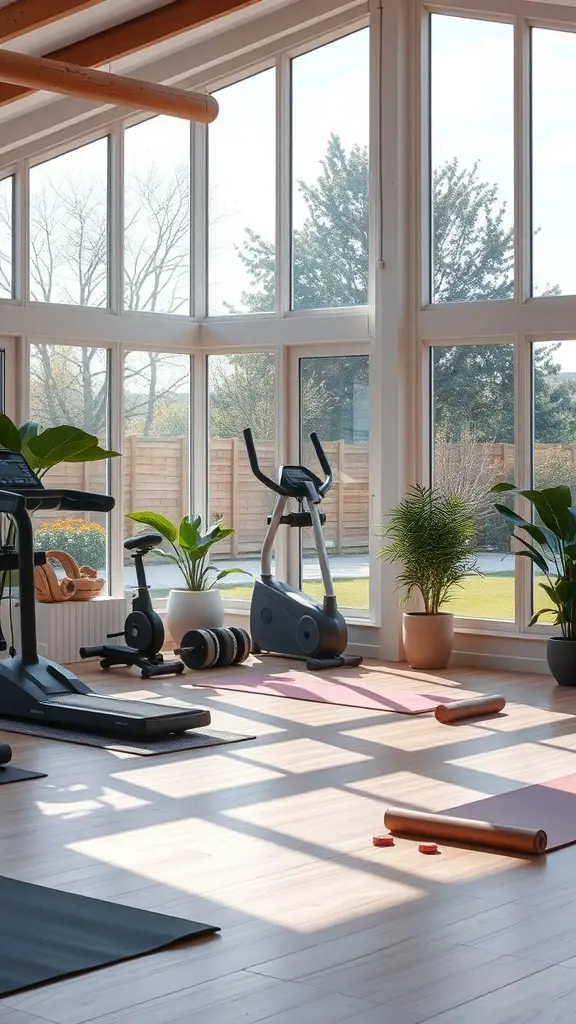 19+ Inspiring Garden Room Ideas for Your Outdoor Retreat 14 A bright fitness space with exercise equipment and large windows letting in natural light.