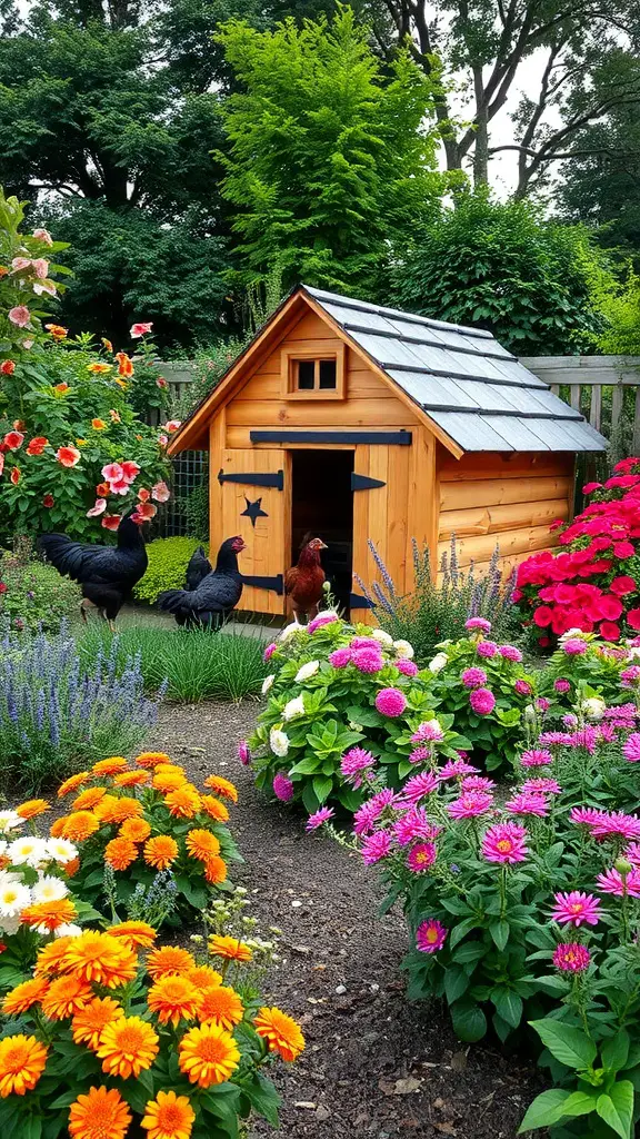 A colorful chicken coop surrounded by vibrant flowers and a chicken pecking at the ground.