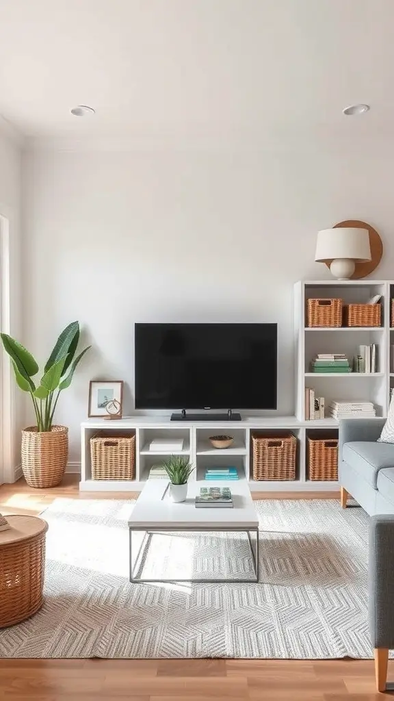 A cozy farmhouse living room with a TV, storage shelves, and a plant.