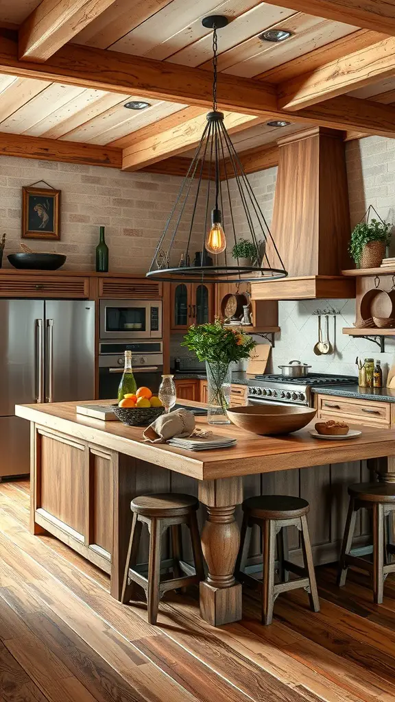 A rustic farmhouse kitchen with a multi-level wooden island, featuring warm tones and a cozy atmosphere.