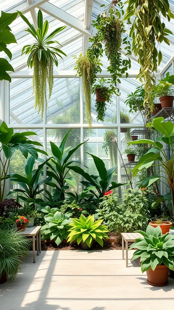 19+ Inspiring Garden Room Ideas for Your Outdoor Retreat 11 A bright and lush greenhouse filled with various plants, featuring glass walls and benches.