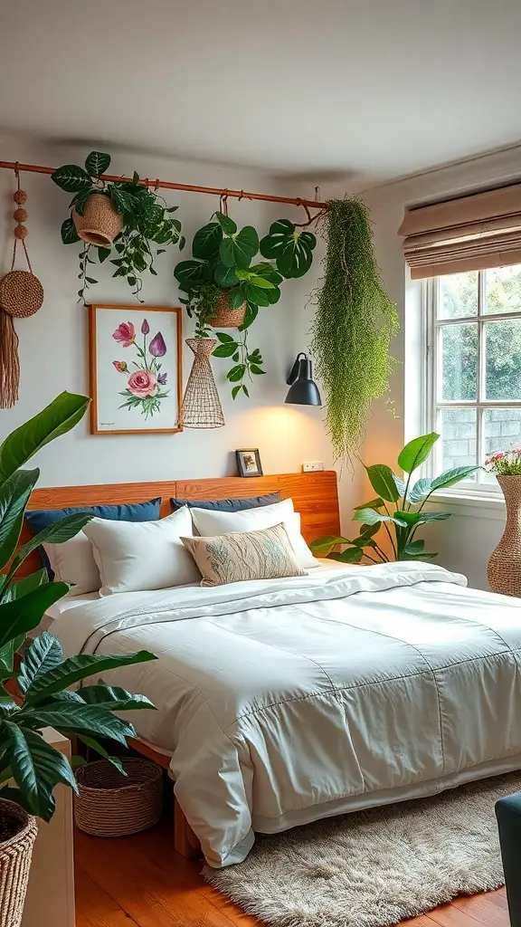 19+ Inspiring Garden Room Ideas for Your Outdoor Retreat 12 A cozy guest room with white bedding, hanging plants, and floral artwork.