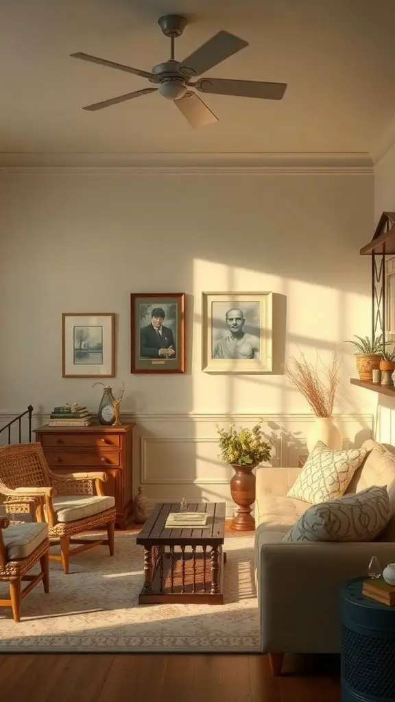 A cozy vintage farmhouse living room with soft colors, wooden furniture, and framed portraits.