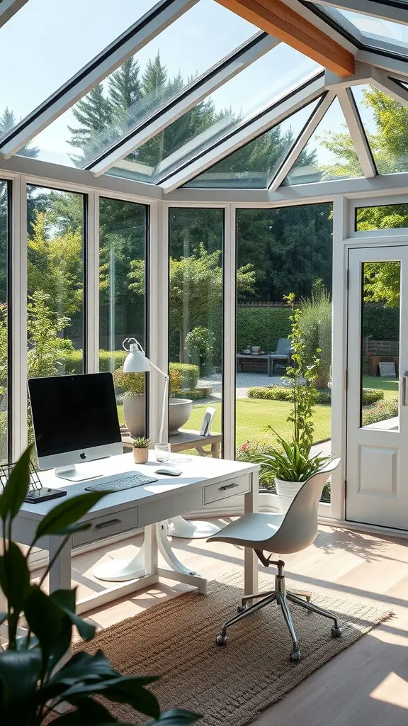 19+ Inspiring Garden Room Ideas for Your Outdoor Retreat 6 A bright home office with large glass windows overlooking a garden, featuring a desk with a computer and a comfortable chair.