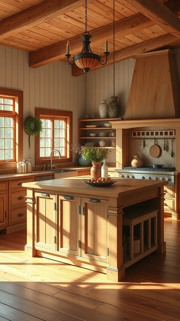 A rustic farmhouse kitchen with a wooden island and natural light, featuring a cozy breakfast nook.
