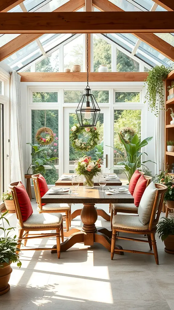 19+ Inspiring Garden Room Ideas for Your Outdoor Retreat 4 A cozy indoor dining area with a wooden table, comfortable chairs, large windows, and decorative plants.