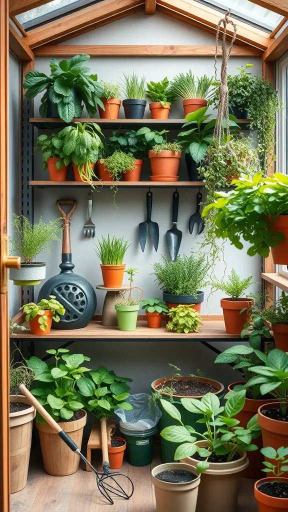 19+ Inspiring Garden Room Ideas for Your Outdoor Retreat 7 Indoor herb garden with stylish shelving and various potted plants.