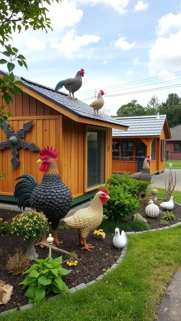 A colorful chicken coop landscape featuring decorative chicken sculptures and vibrant flowers.