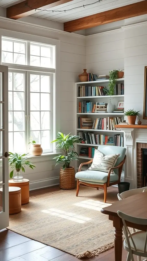 Cozy reading nook in a country farmhouse living room with a blue chair, bookshelf, and plants.
