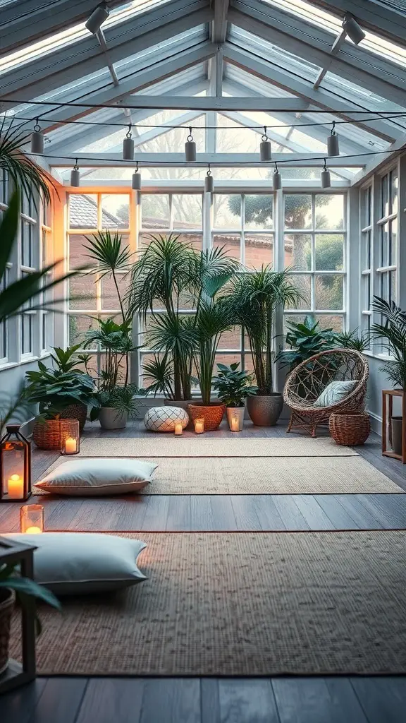 19+ Inspiring Garden Room Ideas for Your Outdoor Retreat 8 A bright meditation room with large windows, plants, cushions, and candles.