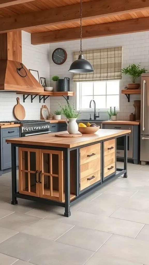 A rustic farmhouse kitchen island made of wood and metal, featuring a warm wooden top and a black metal frame.